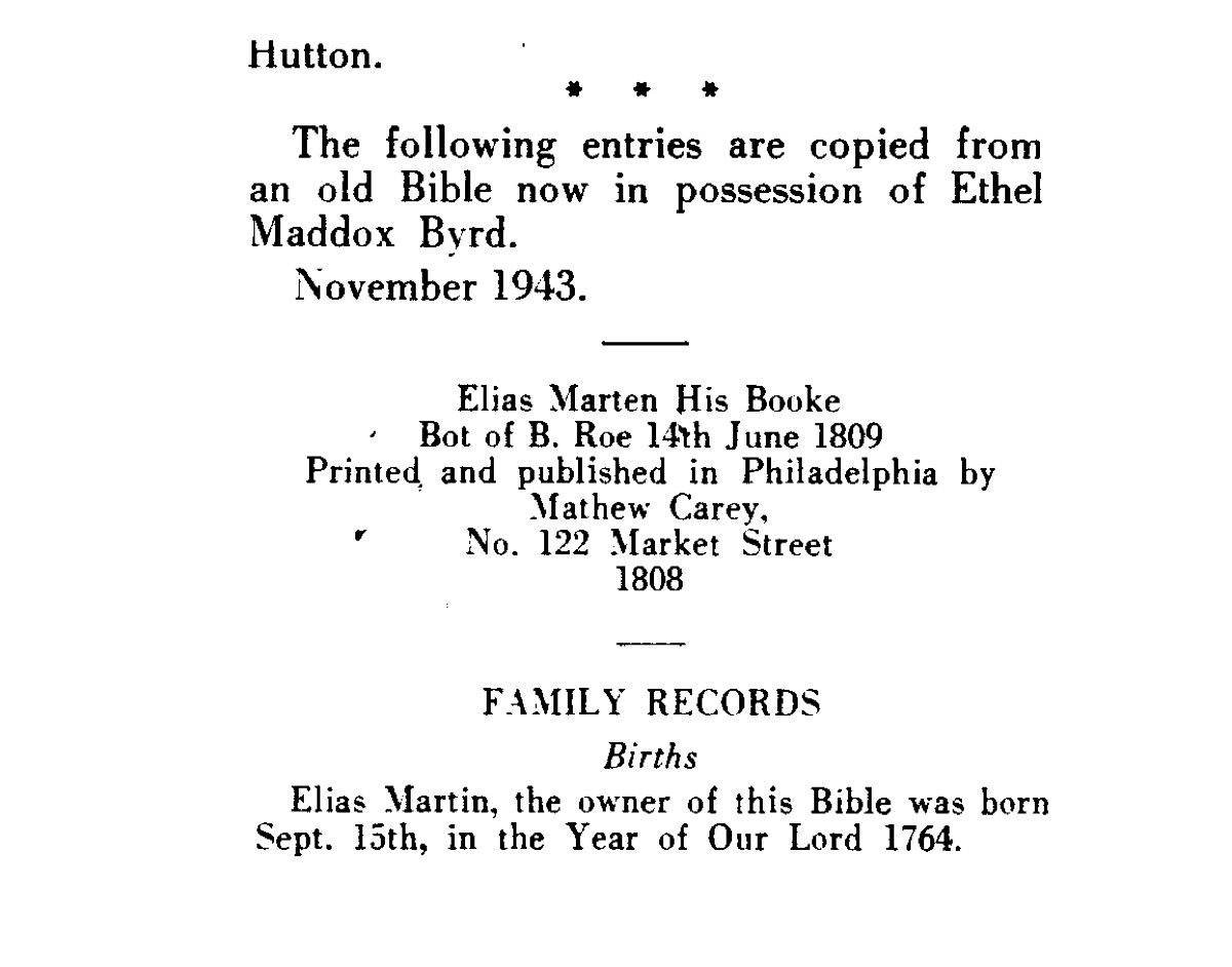 Elias Martin Family Bible, first page